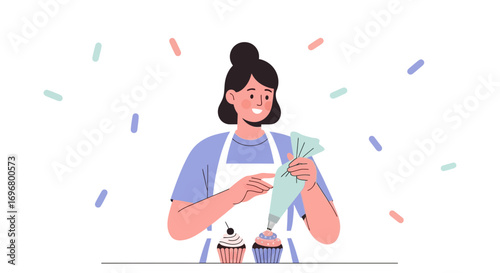 Woman Decorating Cupcakes With Frosting While Baking, Colorful Confetti Falling Down Delights