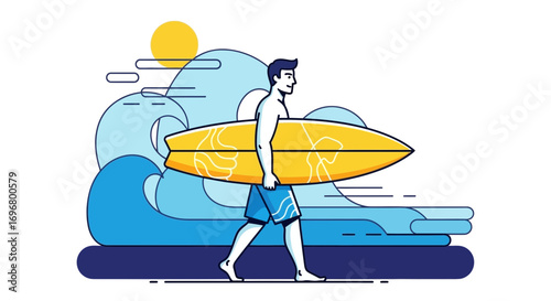 Surfer Carrying Surfboard Walking Towards Ocean Waves Under Bright Sunny Skies