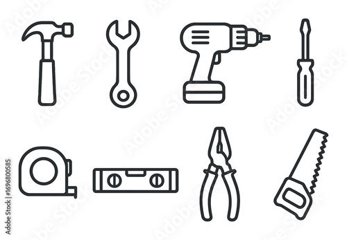 Set of essential tools: hammer, wrench, drill, screwdriver, tape, level, pliers, saw
