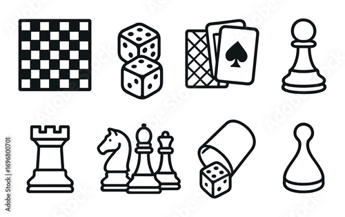 Board and card games icons: chess, dice, playing cards, and pawns on dark background