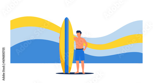 Surfer Standing With A Surfboard Set Against Abstract Nautical Inspired Background