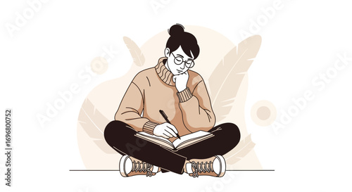 Woman Dressed Warmly Writing In Notebook Imagining With Glasses And Thinking Gesture