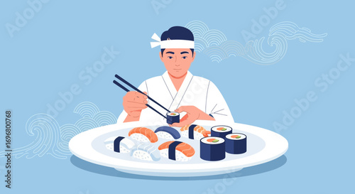 Sushi Chef Delicately Handling Sushi with Precision, Artistically Arranged on a Plate