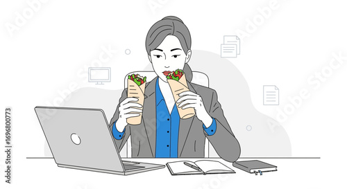 Woman Eating Burrito at Her Desk While Working On A Laptop, A Busy Office Scene