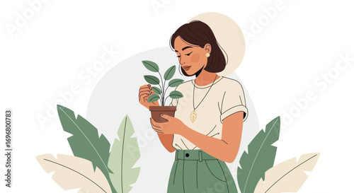 Woman Embracing Greenery: A Harmonious Depiction Of Nature and Domestic Life