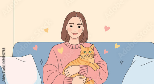 Woman Embracing Her Pet Cat While Seated On A Couch Reflecting Peaceful Moments