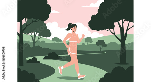 Woman Engaged In Jogging, Running Outdoors Through The Tranquil Park And Peaceful Landscape