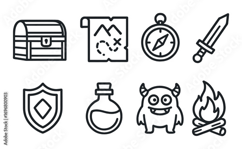 Monochrome adventure icons: treasure, map, compass, sword, shield, potion, monster, campfire