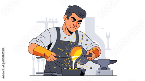 Artisan Crafting Molten Metal: A skilled artisan, expertly handles molten metal, capturing the intense focus, fiery glow, and precise movements.