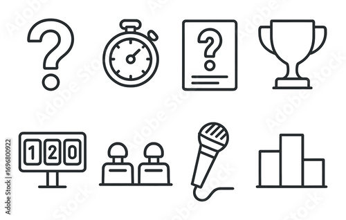 Trivia game icons including stopwatch, trophy, microphone, and scoreboard