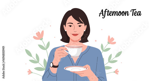 Woman Enjoying Afternoon Tea, Relaxing with a Teacup and Floral Background