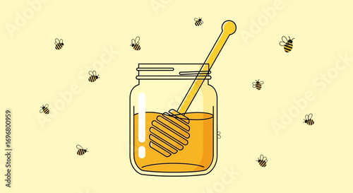 Sweet Honey Jar Illustration Featuring Bees and Dipper in Minimalist Yellow Tones