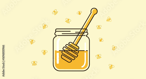 Sweet Honey Presentation of a Jar of Nectar with Honeycomb Dipper and Flying Bees