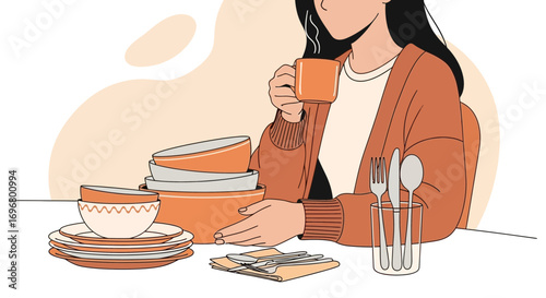 Woman Enjoying Coffee with Elegant Tableware for a Cozy Breakfast or Mealtime Illustration