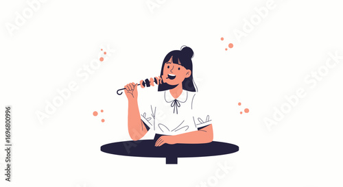 Woman Enjoying Delicious Food, Simple Vector Illustration With A Table And Skewer