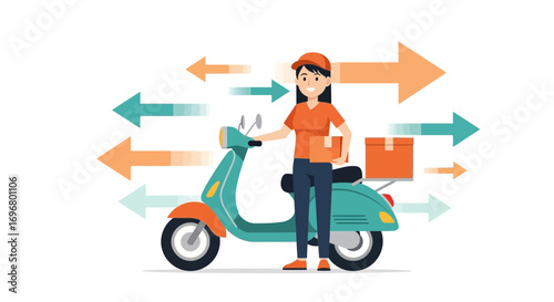Swift Package Transport Delivery Woman on Scooter with Arrows Indicating Speed and Efficiency