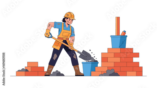 Female Construction Worker: A female construction worker diligently using a shovel to build a wall and creating a solid foundation for a building