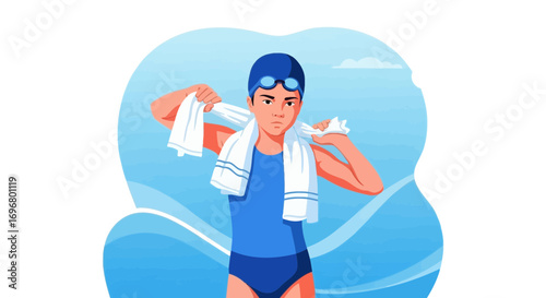 Swimmer Drying With Towel After Training, Aquatic, Sport, And Water Activity Illustration