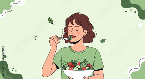 Woman Enjoying Fresh Salad Illustrative Concept Of Healthy Nutrition And Lifestyle