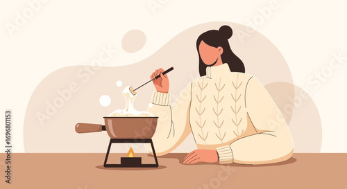 Woman Enjoying Gourmet Cheese Fondue Preparation with Stylish Cozy Warmth