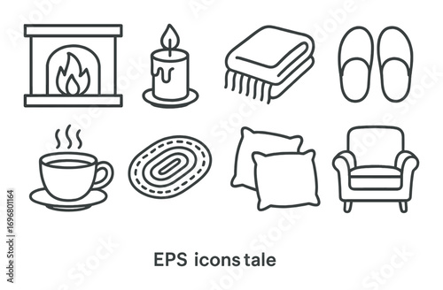 Cozy home icons with fireplace, candle, blanket, slippers, cup, pillow, armchair