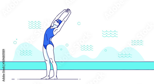 Swimmer Performing Pre-Swim Stretch in Illustrated Style by the Pool Ready To Swim