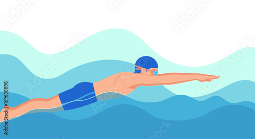 Swimmer Performing Crawl Stroke in Animated Water with Wavy Patterns and Swim Gear
