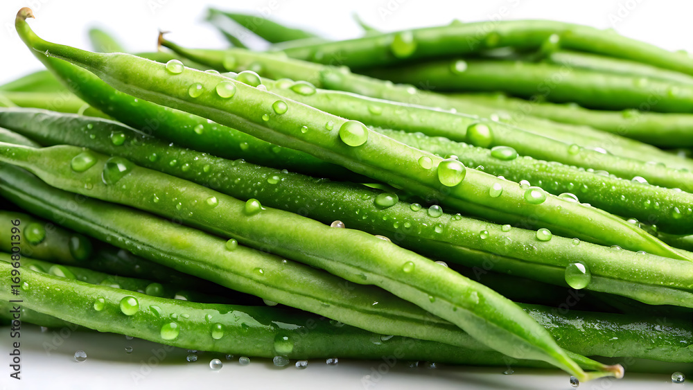 Fototapeta premium Close up of fresh green beans with dew drops on the surface vegetable