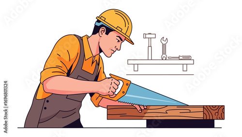 Carpenter at Work: A skilled carpenter meticulously saws through wood with focused precision, showcasing the art of craftsmanship.