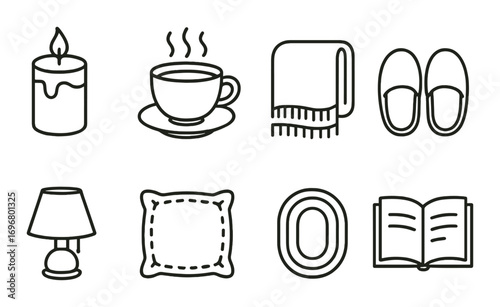 Cozy home symbols featuring candle, cup, blanket, slippers, lamp, pillow, rug, and book icons