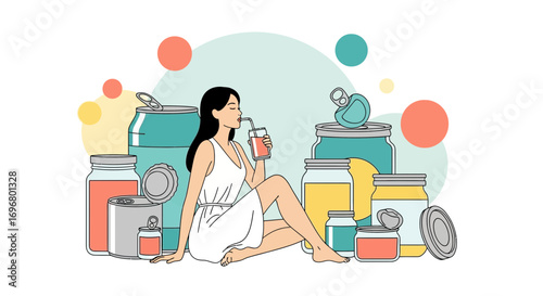 Woman Enjoying Refreshing Drink Surrounded By Various Cans And Glass Jars Illustration