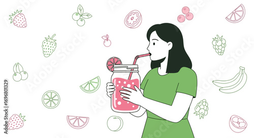 Woman Enjoying Refreshing Smoothie with Fresh Fruits and Healthy Ingredients