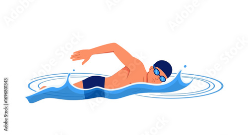 Swimming Action: Animated Swimmer in Freestyle Stroke Displayed on White Background