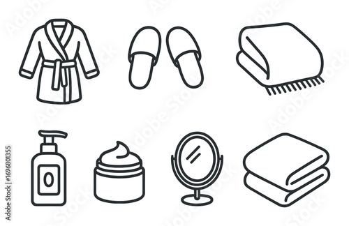 Spa essentials: bathrobe, slippers, towel, lotion, cream, mirror, blanket icons