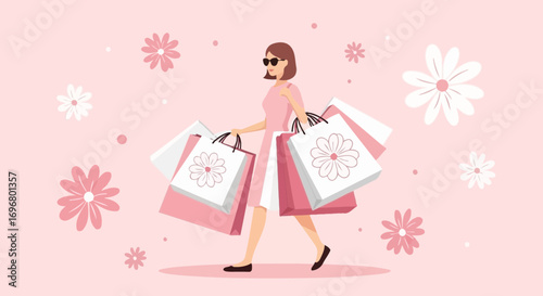 Woman Enjoying Shopping With Floral Bags And Pink Aesthetic Composition Delightful Style