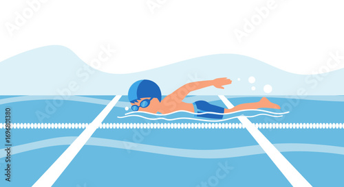 Swimming Athlete in Active Motion Displays Energetic Swim in Aquatic Environment