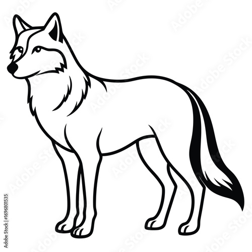 Black and White Line Drawing of a Wolf Standing Sideways animal wildlife