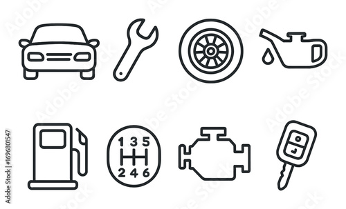 Car maintenance icons set: car, wrench, tire, oil, fuel, gear, engine, key
