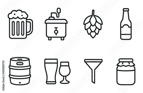 Beer brewing icons set featuring mug, brewery equipment, hops, and bottles