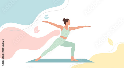 Woman Executing Warrior Pose, Practicing Yoga, Promotes Health and Well Being