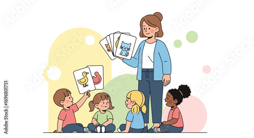 Teacher And Students Learning Using Illustrated Cards With Animals And Shapes at Preschool