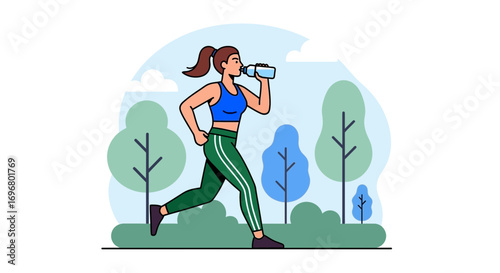 Woman Exercises While Drinking Water During A Morning Jog in Green Park, Healthy Lifestyle