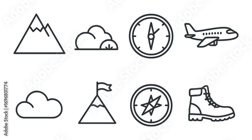 Adventure symbols: mountains, navigation, airplane, cloud, hiking boot icons