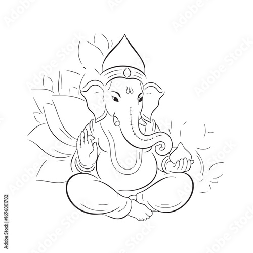 Vector Illustration of Lord Ganesha in Minimalist Line Art Style with Monochrome Palette