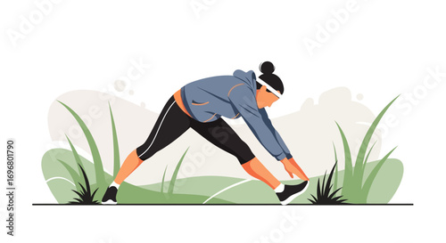Woman Exercising Outside by Stretching in Green Meadow and Keeping Fit
