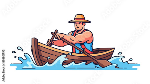 Rowing Adventure: A strong person navigates a wooden boat through the water, expertly using oars and a straw hat, creating an illustration of nautical activity and maritime journey.