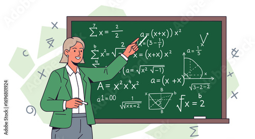 Teacher Explaining Calculus With Equations On The Blackboard In A Bright Classroom Setting