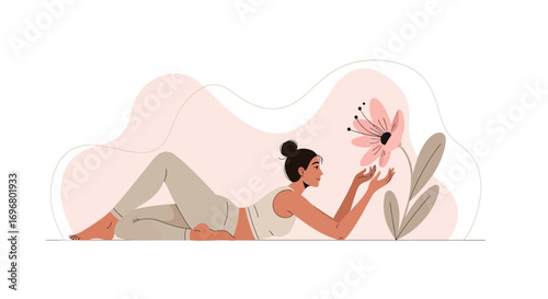 Woman Gracefully Reaching Towards Gentle Flower Portraying Self-Care and Harmony