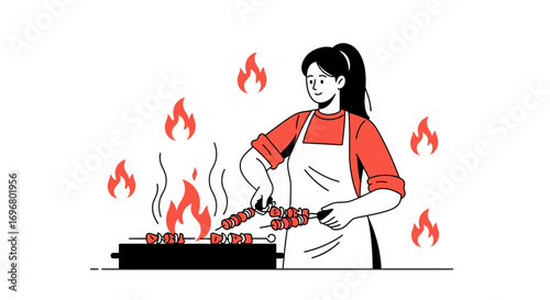 Woman Grilling Kebabs on Grill, Cooking Outdoors, Summertime Food Preparation Illustration