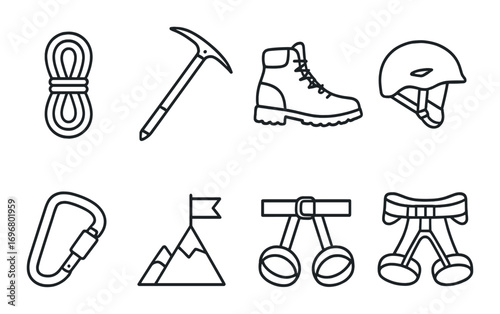 Essential mountaineering equipment: rope, ice axe, boots, helmet, carabiner, mountain, flag, harness
